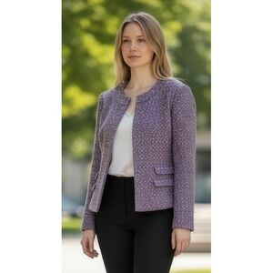 Alex Marie Women Purple Tweed Open Front Blazer Jacket Size 6 Collarless Office